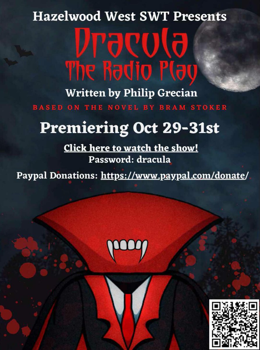 troupe786's tweet photo. Tune in to our production of Dracula tomorrow night, the day after, or Saturday. Follow this link: https://t.co/GAg2pKljpx. The password is "dracula"! https://t.co/8SVQebYzan