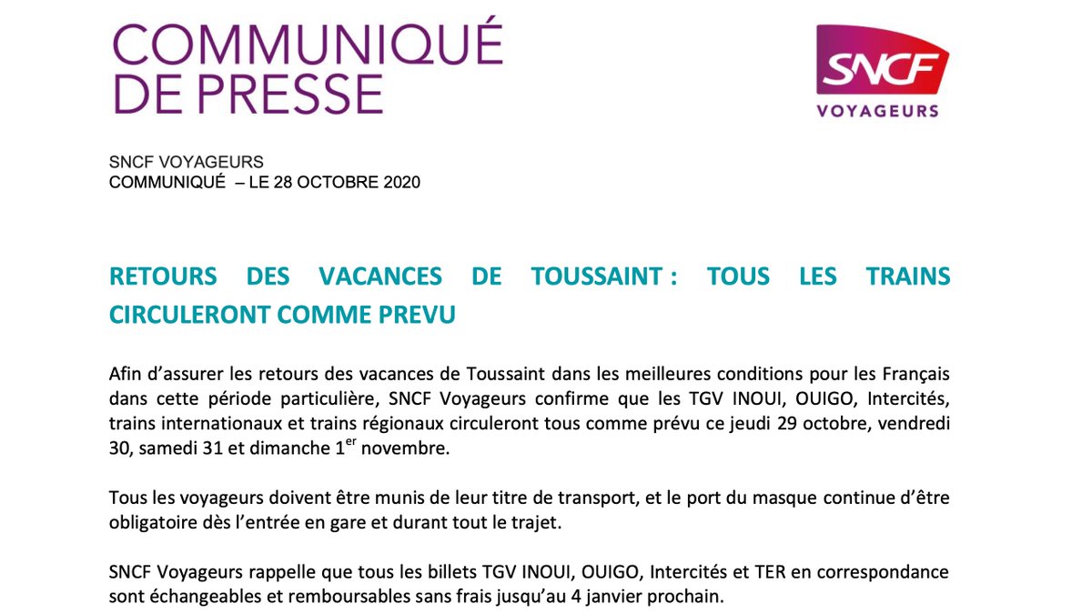 ℹ️ <a href="/SNCF/">❌</a> confirme que les <a href="/TGVINOUI/">TGV INOUI</a>, <a href="/OUIGO/">OUIGO</a>, <a href="/Intercites/">Intercités</a>, trains internationaux et trains #TER circuleront tous comme prévu ce jeudi 29 octobre, vendredi 30, samedi 31 et dimanche 1er novembre.

Communiqué de Presse :
🔗 sn.cf/cp-reconf