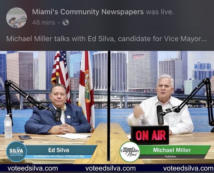 VoteEdSilva's tweet photo. 📺 My heartfelt thanks to Michael Miller publisher of Miami's Community Newspapers for interviewing me on the many ways our beloved #PalmettoBay has gone wrong &amp; how we can bring it back! Watch here 👉🏻https://t.co/X1xkd5Lybs #HappyBirthday, Michael! #ThankYou  #ImWithEd https://t.co/scP2wgyto9