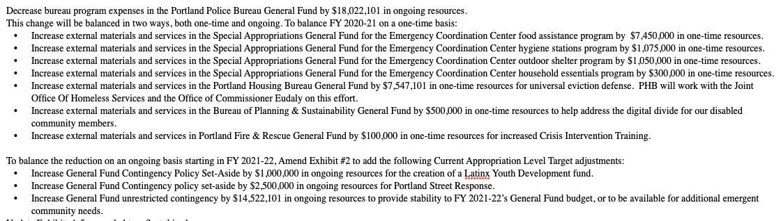 The most intriguing amendment is a proposal from  @JoAnnPDX to cut $18 million from the Portland Police Bureau (it's backed by  @ChloeEudalyPDX) Here's how the amendment suggests reallocating those funds:
