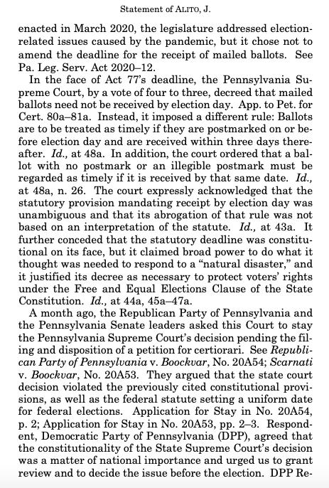 Partial correction: Alito, Thomas, and Gorsuch didn't technically dissent. They essentially said they want to overturn the Pennsylvania Supreme Court and throw out late ballots *after* the election, not before it. https://www.supremecourt.gov/opinions/20pdf/20-542_i3dj.pdf