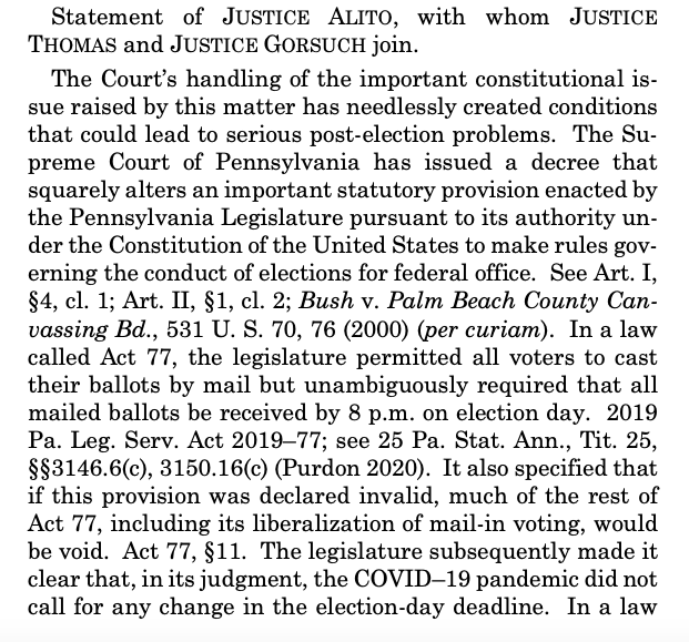 Partial correction: Alito, Thomas, and Gorsuch didn't technically dissent. They essentially said they want to overturn the Pennsylvania Supreme Court and throw out late ballots *after* the election, not before it. https://www.supremecourt.gov/opinions/20pdf/20-542_i3dj.pdf