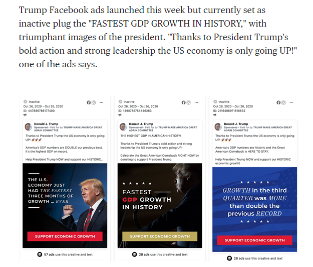 Trump will focus on the sharp increase *without crucial context* in an attempt to mislead the country about his economic record. How do we know this? Because his campaign is already running ads about it on Facebook. Per  @sahilkapur  @SRuhle: 3/  https://www.nbcnews.com/news/us-news/trump-wants-credit-fastest-gdp-growth-history-here-s-reality-n1244967