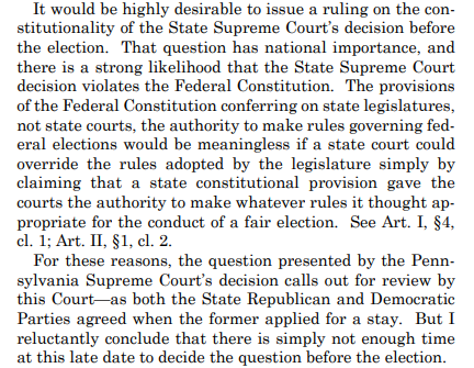 Alito, writing for Thomas and Gorsuch, reluctantly agreed with the rest of the justices not to expedite consideration the PA case:  https://www.supremecourt.gov/opinions/20pdf/20-542_i3dj.pdf