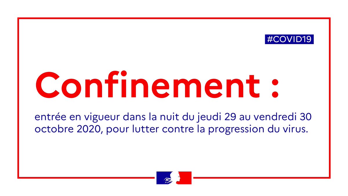 #COVID19 | Afin de lutter contre la progression du virus, un #confinement national débutera dans la nuit du jeudi 29 au vendredi 30 octobre.

Plus d'informations sur gouvernement.fr/info-coronavir…