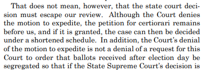 But but but Alito, Thomas, Gorsuch end by saying HEY YO REPUBLICANS IF YOU COME TO US AFTER ELECTION DAY ASKING US TO THROW OUT THE BALLOTS BEFORE THEY'RE COUNTED, WE WILL TOTALLY VOTE FOR THAT