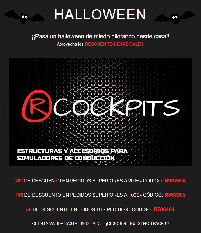 PROMOCIÓN HALLOWEEN

Ingresa el código de promoción en el carrito de compra para obtener tu descuento.
¡¡OFERTA VÁLIDA HASTA FIN DE MES!!

rcockpits.es

#rcockpits #halloween #Simracing