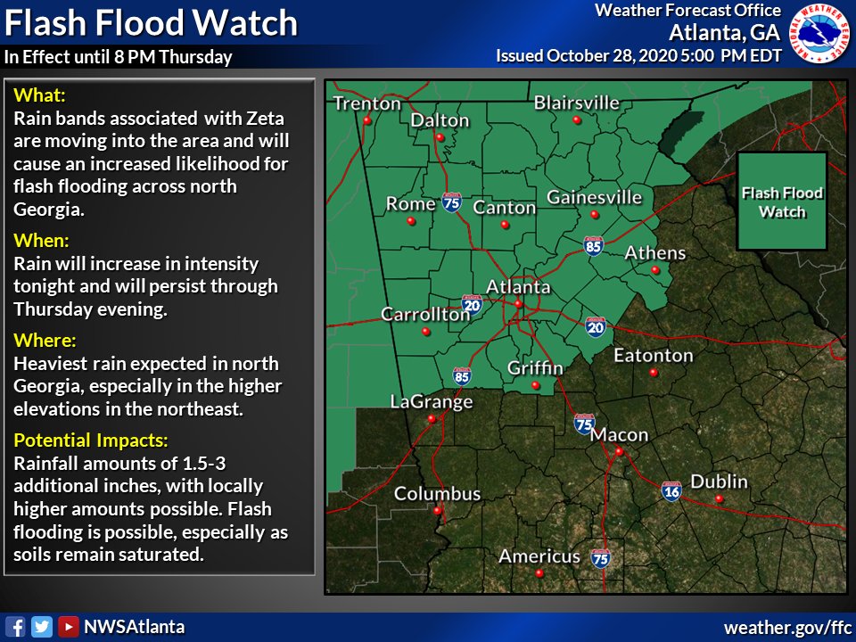 NWSAtlanta's tweet photo. 🌀 10/28/2020 5 PM Update (1/2):  Hurricane #Zeta is a strong category 2 and is very near landfall on the southwest Louisiana coast. A Tropical Storm Warning and a Flash Flood Watch remain in effect for north and portions of central Georgia. #gawx https://t.co/kwEXWN3Pu3