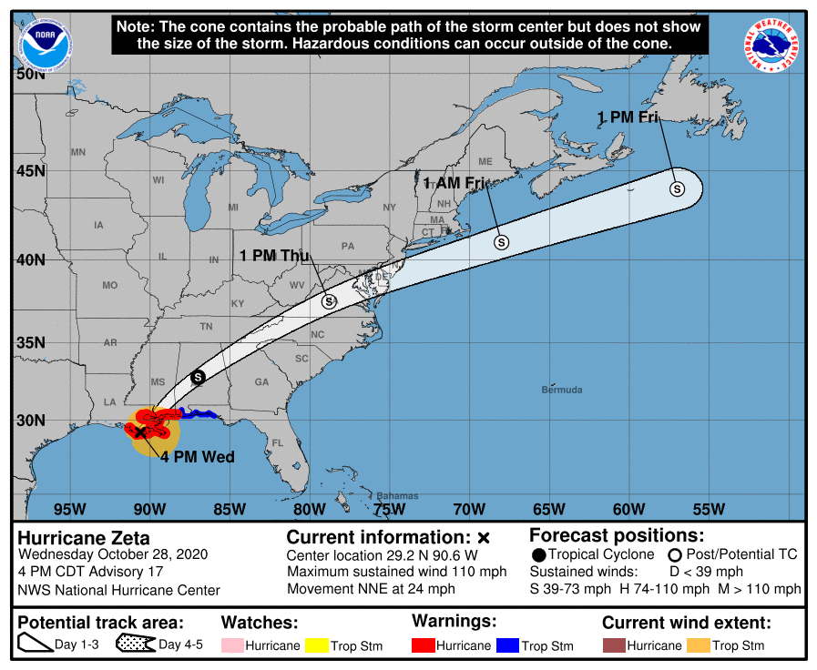 NWSAtlanta's tweet photo. 🌀 10/28/2020 5 PM Update (1/2):  Hurricane #Zeta is a strong category 2 and is very near landfall on the southwest Louisiana coast. A Tropical Storm Warning and a Flash Flood Watch remain in effect for north and portions of central Georgia. #gawx https://t.co/kwEXWN3Pu3