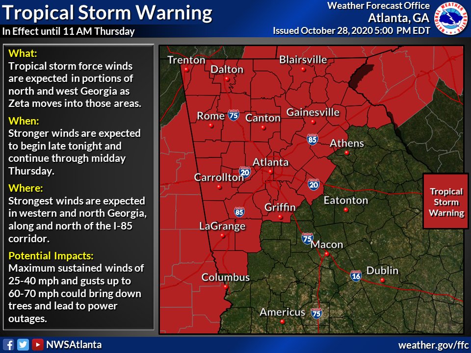 NWSAtlanta's tweet photo. 🌀 10/28/2020 5 PM Update (1/2):  Hurricane #Zeta is a strong category 2 and is very near landfall on the southwest Louisiana coast. A Tropical Storm Warning and a Flash Flood Watch remain in effect for north and portions of central Georgia. #gawx https://t.co/kwEXWN3Pu3