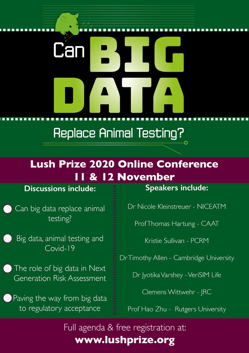 Lush_Prize's tweet image. Can Big Data Replace Animal Testing? Register free for the Lush Prize 2020 Virtual Conference 11-12 November lushprize.org/2020-prize/202… #CompTox #NewApproachMethods #InSilico