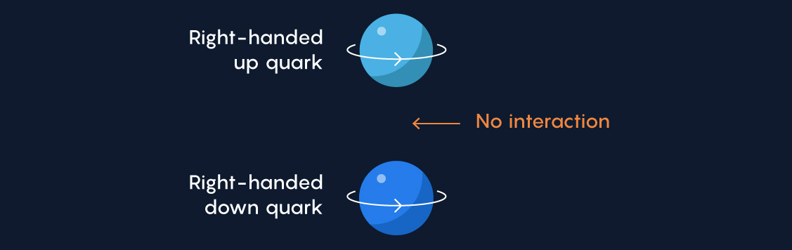 The weak force allows left-handed up and down quarks to transform into each other when they exchange a particle called a W boson. Right-handed quarks can’t do this due to a lack of right-handed W bosons in nature.