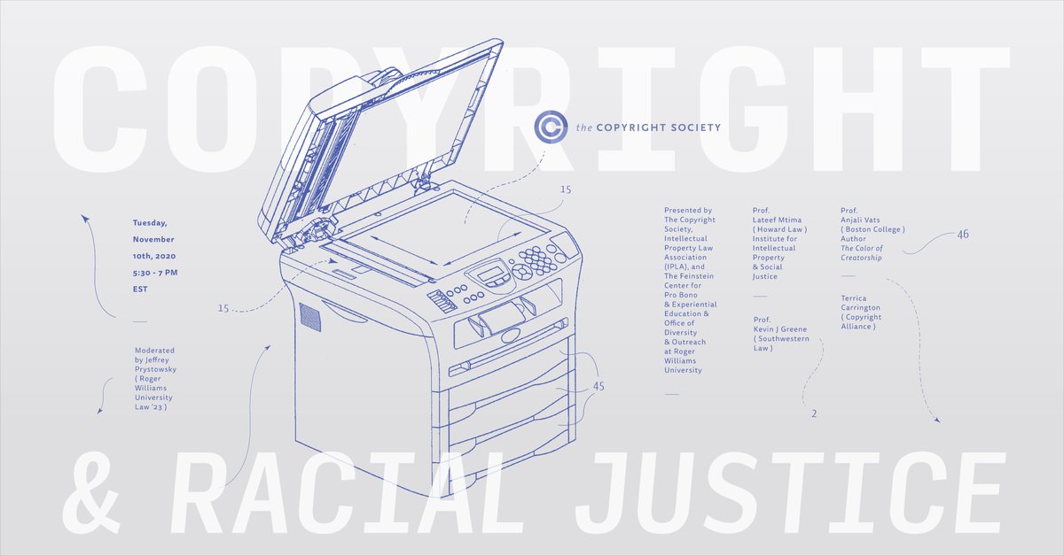jeffcprystowsky's tweet photo. Free CLE Virtual Program! @TheCSUSA, the Intellectual Property Law Association (IPLA), the Feinstein Center for Pro Bono, &amp; Office of Diversity and Outreach at @RWULaw present: 

"Copyright and Racial Justice" 11.10 5:30pm ET 

Preregister:
https://t.co/N1mHRCbGDw

#Copyright https://t.co/tviYii9S1I