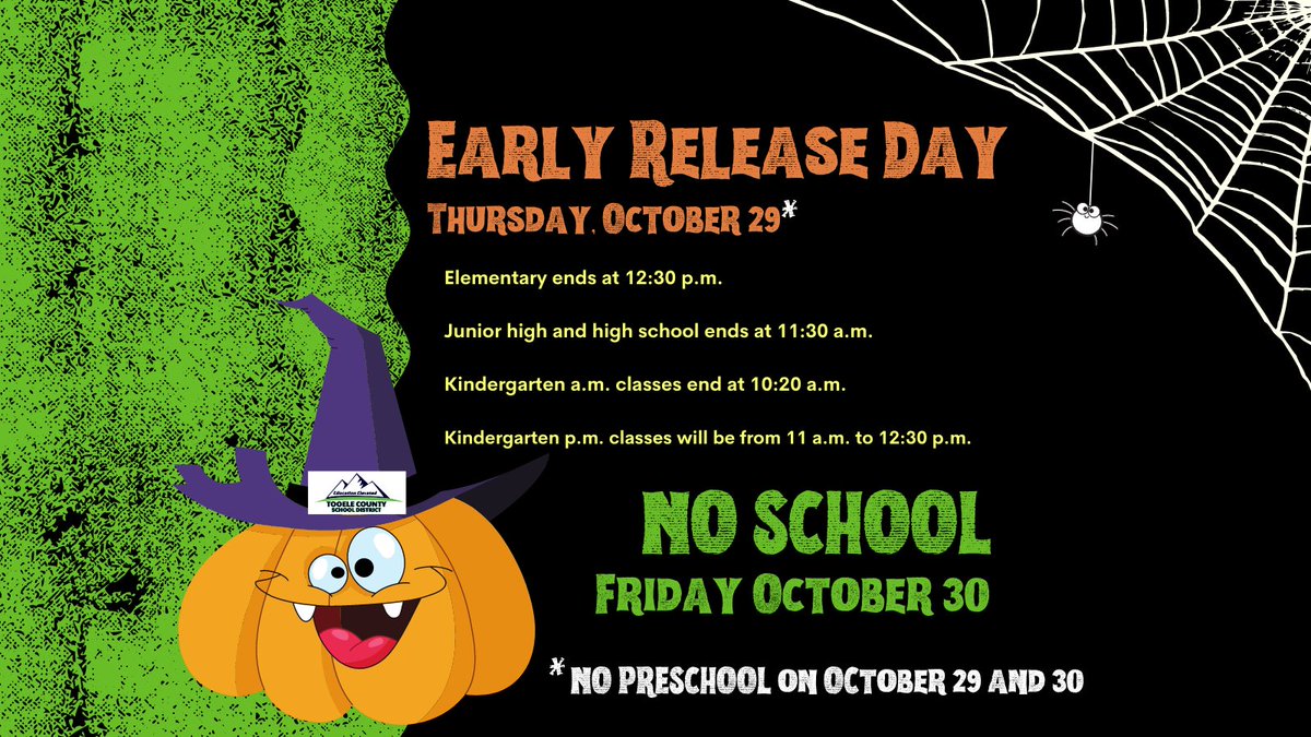 tooeleschools's tweet photo. First term ended today. Tomorrow, October 29, our schools will follow an early release schedule. Grab-and-go lunches will be passed out at end of day. There will be no school for students on Friday, October 30, due to a teacher work day. No preschool on October 29 and 30. https://t.co/bJ16bCRQun