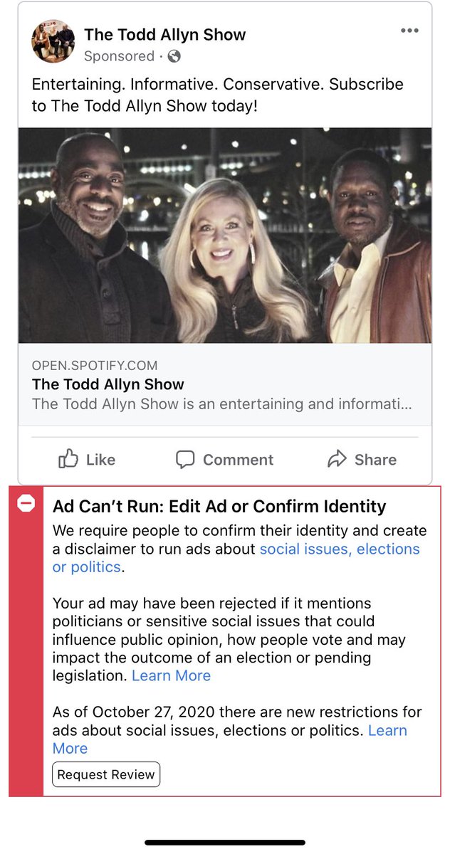 ToddAllynShow's tweet photo. .@Facebook rejected our ad, primarily because it has the word “Conservative” in it https://t.co/AxXnVgeFNN