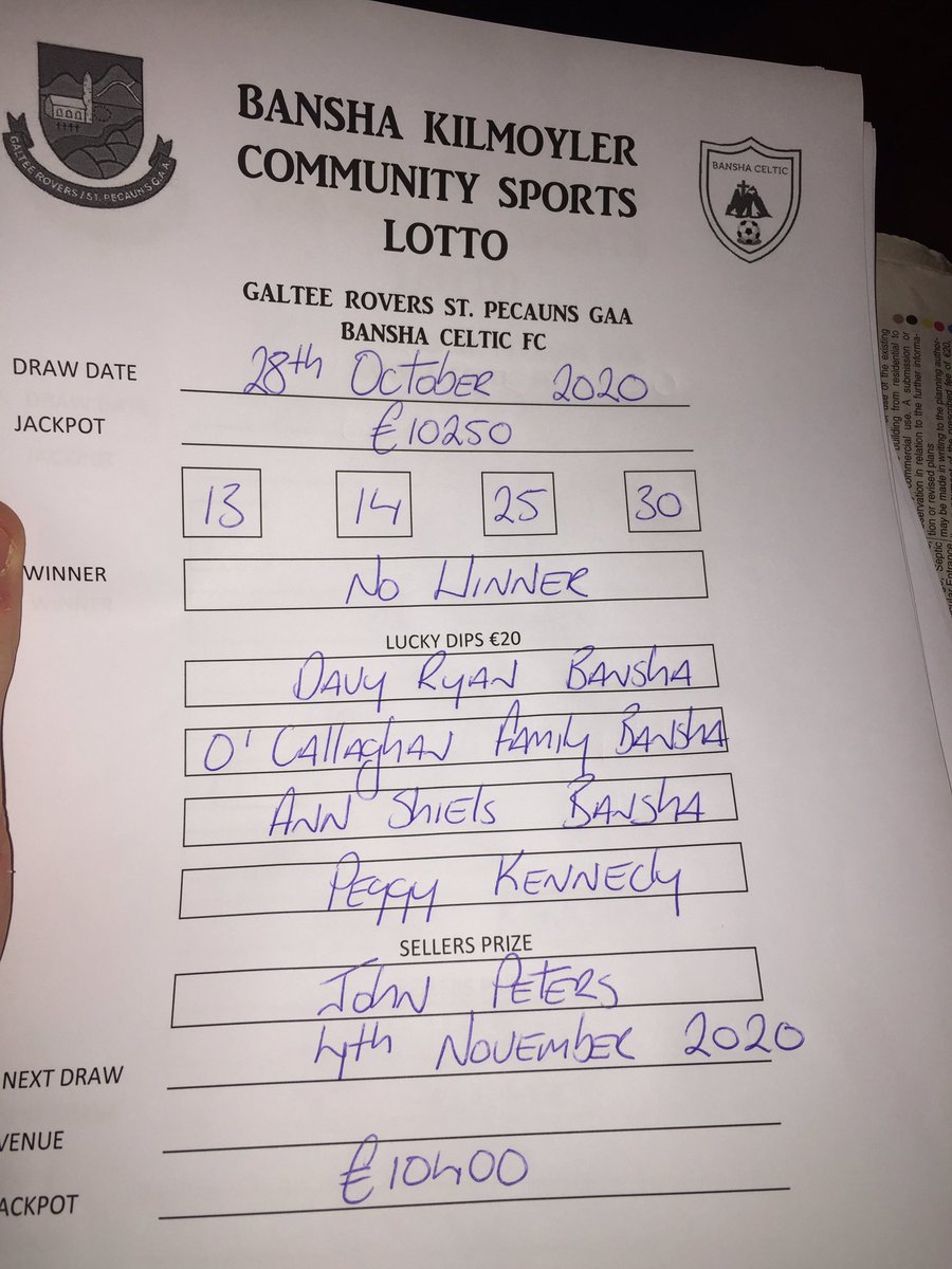Tonight’s lotto results..
No winner.. Next draw Wednesday 4th November..
Congratulations to all lucky dip winners 💶💶