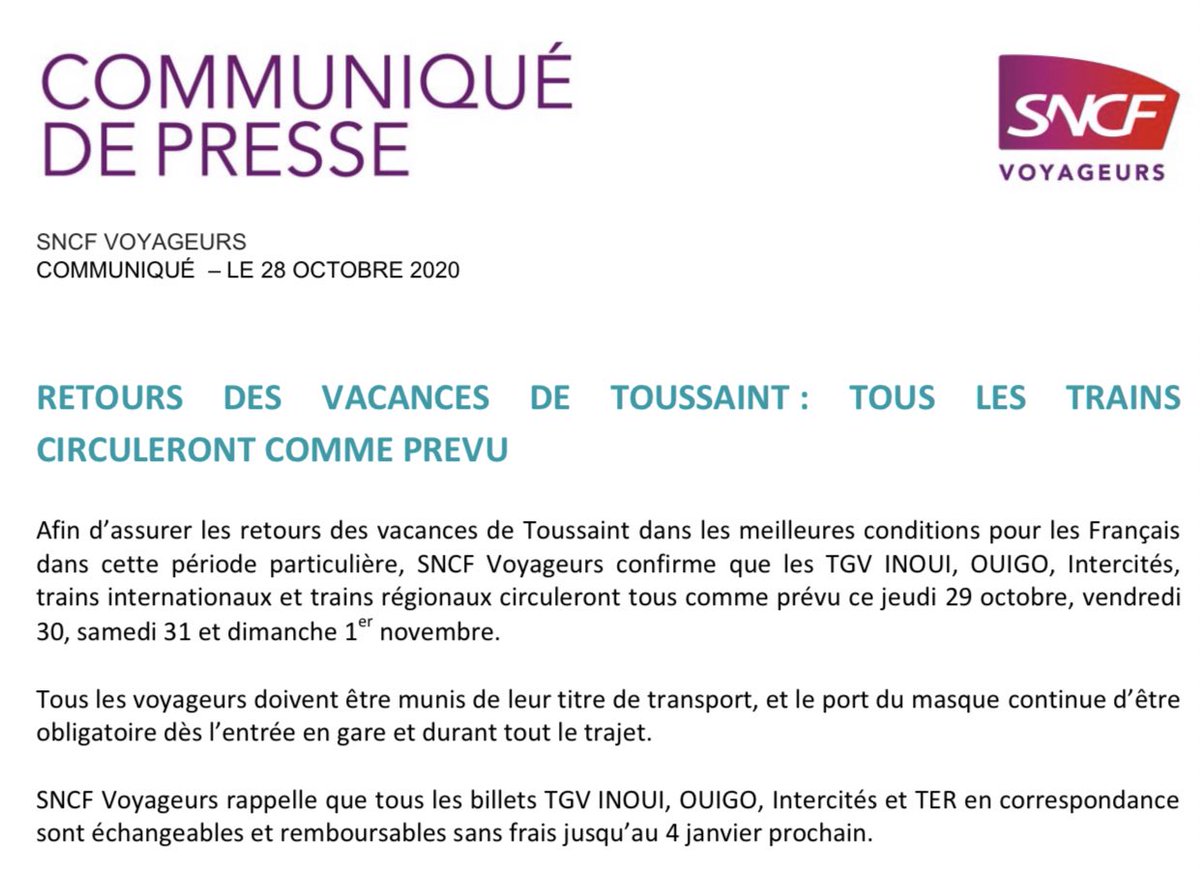 Tous les trains circulent pour vous ramener de vos congés de Toussaint,  le gouvernement autorisant les retours au-delà du #confinement annoncé pour débuter vendredi (une « tolérance durant ce WE de retour sera de mise pour que chacun(e) puisse revenir de son lieu de vacances »).