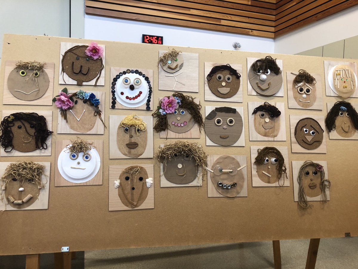 All our loose part portraits are hung and ready to be displayed outside for parents #sd33learns #looseparts