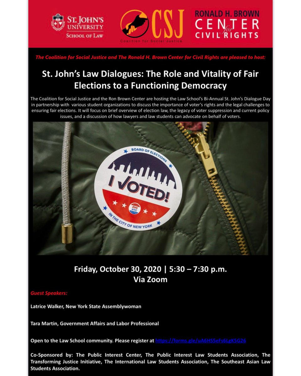 Join us this Friday for Dialogue Day! NY Assemblywoman Latrice Walker and Government Affairs and Labor Professional Tara Martin will speaking to us about developments in election law and the legacy of voter suppression. RSVP: docs.google.com/forms/d/e/1FAI…