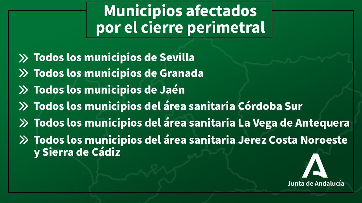 AndaluciaJunta's tweet photo. 📢IMPORTANTE:
🛑Cierre perimetral de #Andalucía y de todos los municipios de #Granada, #Jaén y #Sevilla.
🛑Cierre perimetral de los municipios de las áreas sanitarias de #Córdoba-Sur, La Vega de Antequera, Jerez-Costa Noroeste y Sierra de #Cádiz.

➡️ En total: 450 municipios ✅ https://t.co/br4pqR831l