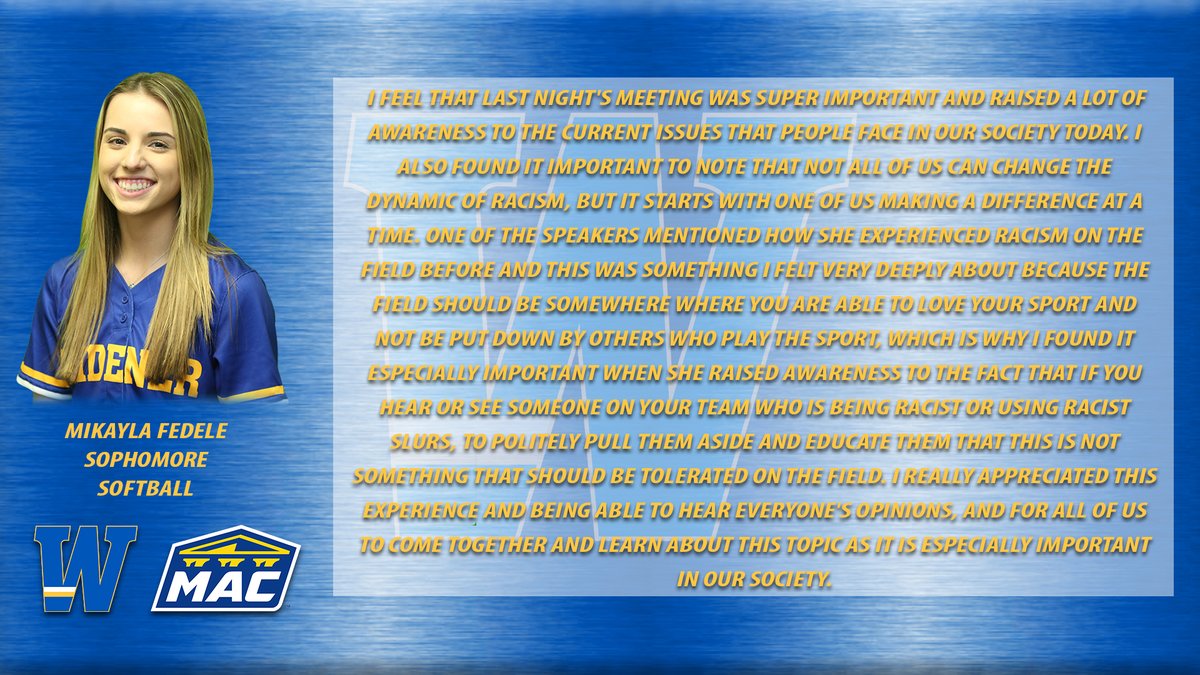 WidenerSports's tweet photo. Widener student-athletes attended @gomacsports #MACUnited series on Inclusion and Social Justice. Mikayla Fedele of @WidenerSoftball, Sophia Foglio of @WidenerFHockey, and Pat Holden of @WidenerMBB share their takeaways from the event. #GoWidener #PlayWithPride https://t.co/wHkljqinZw