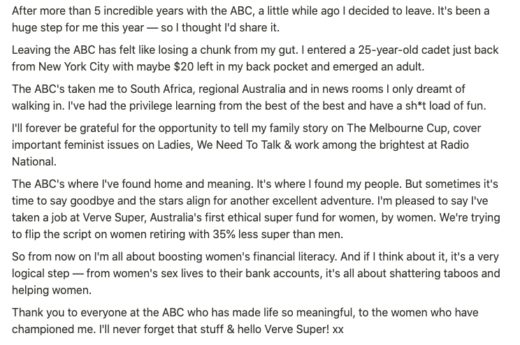 Cass_Steeth's tweet photo. Thought I'd share a bit about leaving the @ABCaustralia — It's been a big deal for me this year @RadioNational @abcmelbourne @ABCRural https://t.co/SK245SJDae