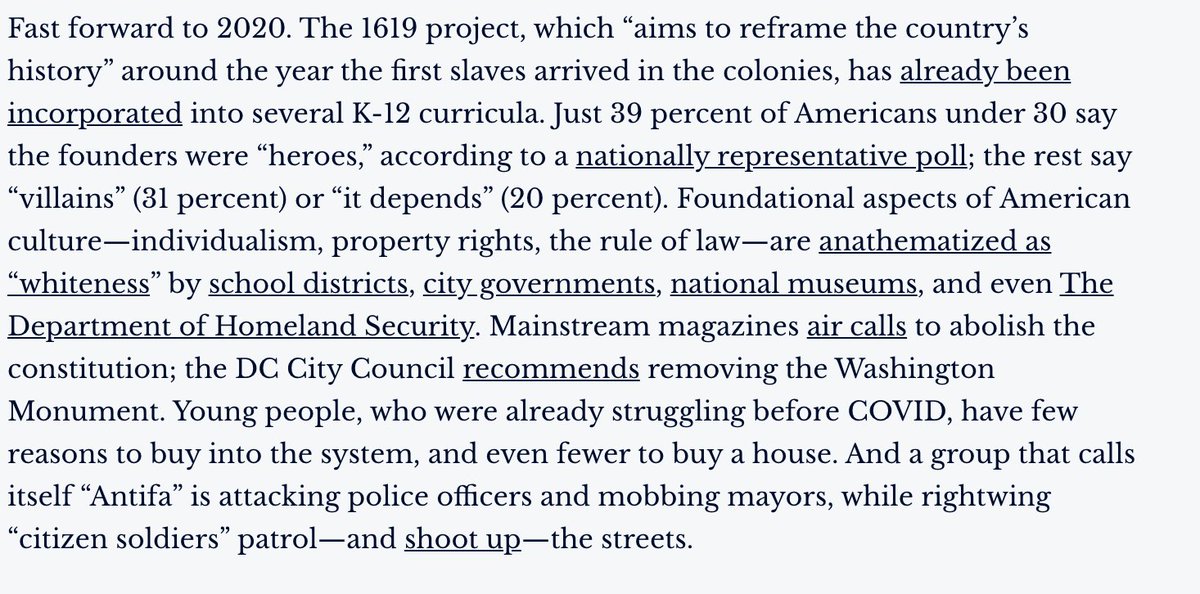 Fast forward to 2020.  @nhannahjones's 1619 Project has been incorporated into several K-12 curricula. Foundational aspects of American culture are anathematized as “whiteness” by school districts, city governments, national museums, and even The Department of Homeland Security.