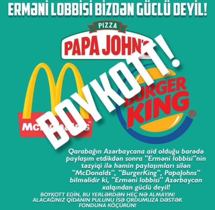 Əgər bu dövlətdən qazanıb qorxaqlıq edirsənsə cəzasına hazır olmalısan🇦🇿 Biz birlikdə güclüyük! 
#ErməniLobbisiBizdənGüclüDeyil
#BoykottMcDonalds #BoykottPapaJohns #BoykottBurgerKing
#boykotazpapajohns
#boykotmcdonaldsazerbaijan
#boykotburgerkingaz
#boykotmcdonalds 
#PrayForBarda