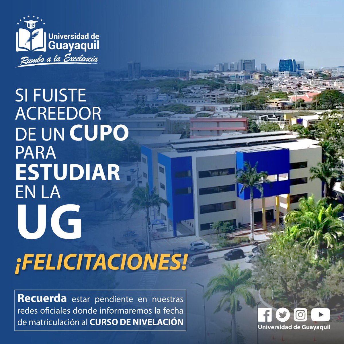 UdeGuayaquil's tweet photo. #NivelaciónUG

Recuerda seguir pendiente de las notificaciones que daremos a los estudiantes que OBTUVIERON UN CUPO EN LA UG.

Por ahora solo debes estar pendiente a la actualización de información que compartiremos semanalmente. https://t.co/bcmfURqZ0L