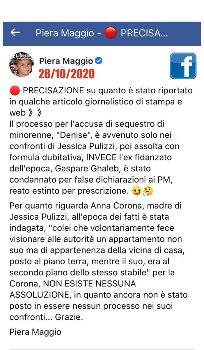 MissingDeniseMp's tweet photo. 🔴 PRECISAZIONE su quanto è stato riportato in qualche articolo giornalistico di stampa e web 》

Il processo per l'accusa di sequestro di minorenne, "Denise", è avvenuto solo...

CONTINUA 👇 

🔴 https://t.co/KnNlHwRr7W

#DenisePipitone #MazaraDelVallo #Sicilia #Italia #News https://t.co/gJ8Tb2CbZe