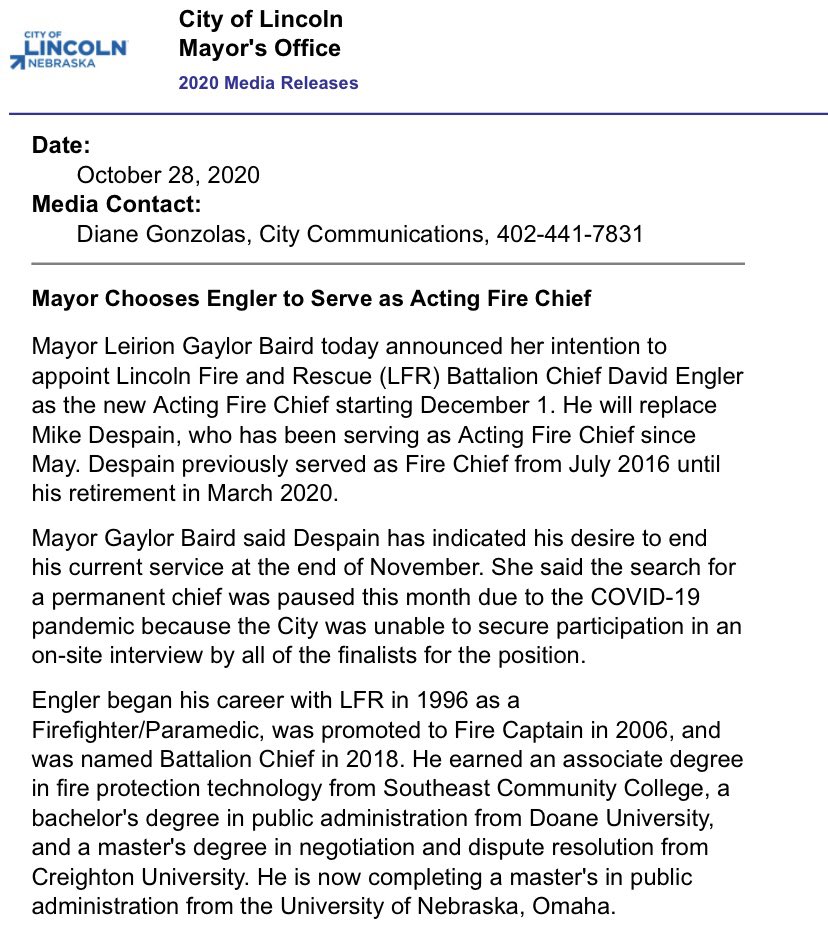 LNKFireRescue's tweet photo. We are pleased to share that Mayor Leirion Gaylor Baird has appointed #LFR Battalion Chief Dave Engler to step in as Acting Chief. Congratulations Chief! 

#LNK @CityOfLincoln @MayorLeirion https://t.co/EhDWZn3pR7