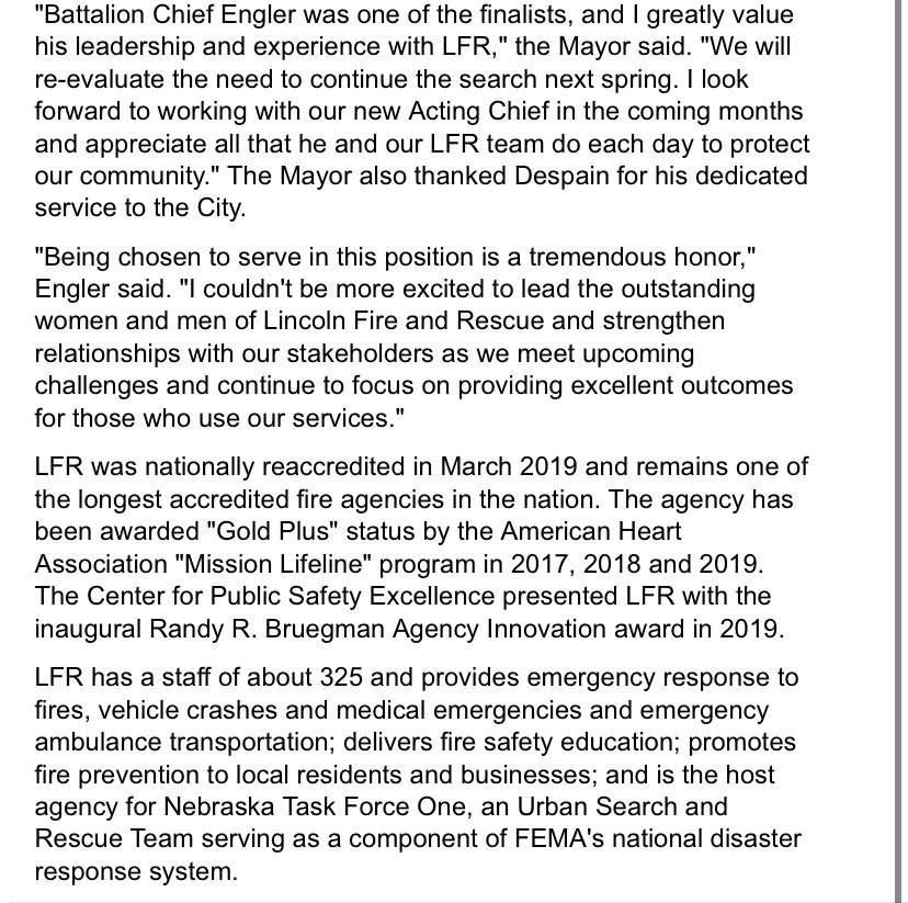 LNKFireRescue's tweet photo. We are pleased to share that Mayor Leirion Gaylor Baird has appointed #LFR Battalion Chief Dave Engler to step in as Acting Chief. Congratulations Chief! 

#LNK @CityOfLincoln @MayorLeirion https://t.co/EhDWZn3pR7
