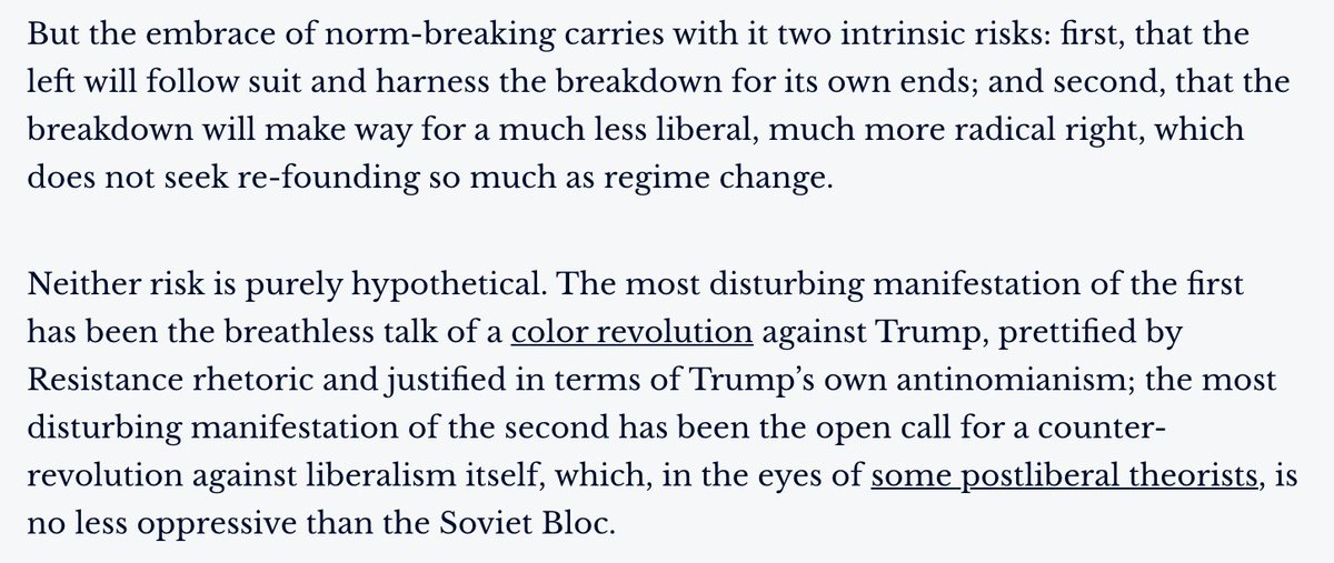 Which is understandable, but it also poses two big risks: that the left will harness the breakdown for its own ends (look at the "color revolution" rhetoric); and that the breakdown will make way for a much more radical right, which does not seek re-founding but regime change.