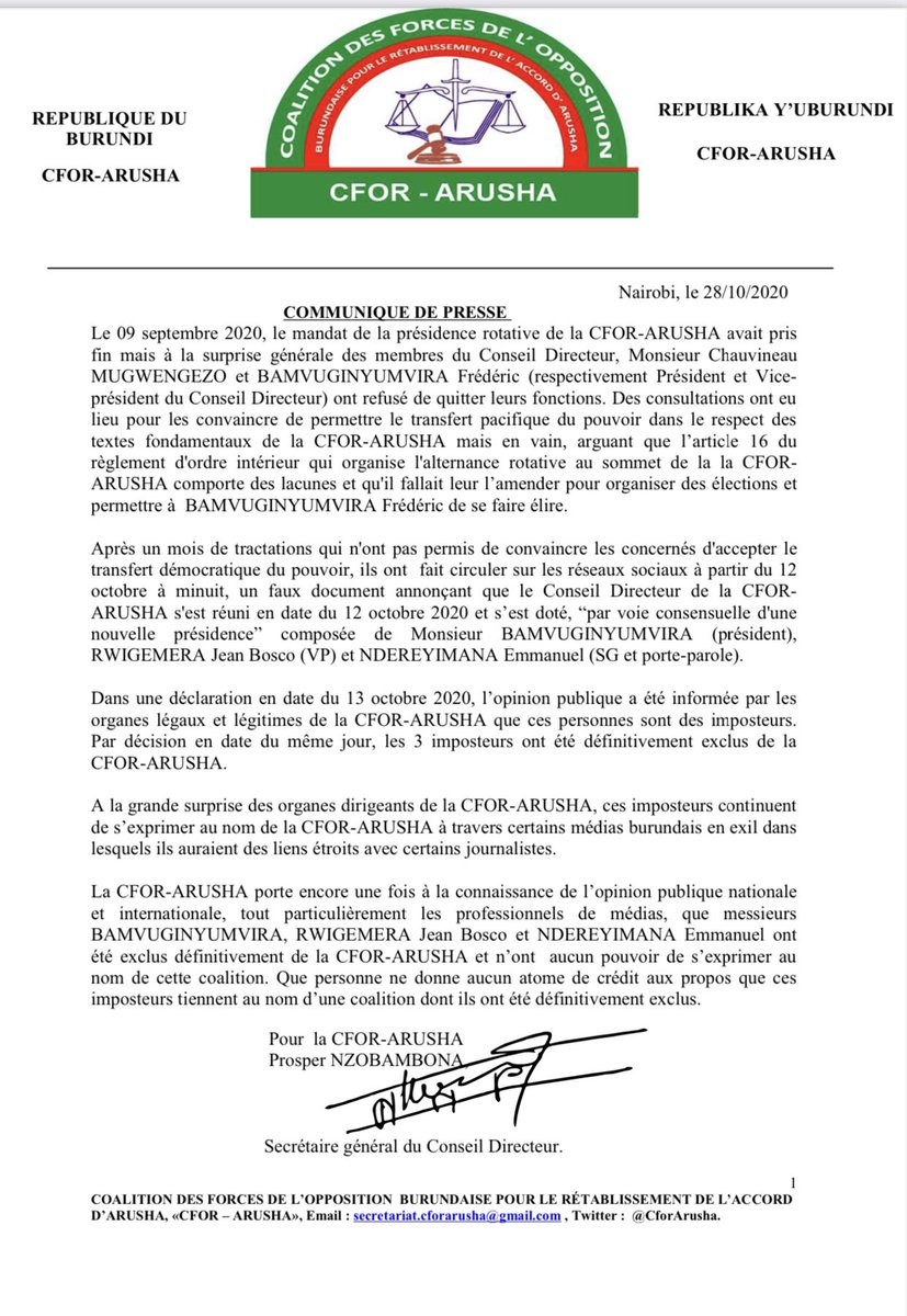 <a href="/CforArusha/">CFOR-ARUSHA</a> porte encore une fois à la connaissance de l’opinion, tout particulièrement les professionnels de médias,que BAMVUGINYUMVIRA F, RWIGEMERA J.B et NDEREYIMANA E. ont été exclus définitivement de <a href="/CforArusha/">CFOR-ARUSHA</a> et n’ont aucun pouvoir de s’exprimer au nom de cette coalition.