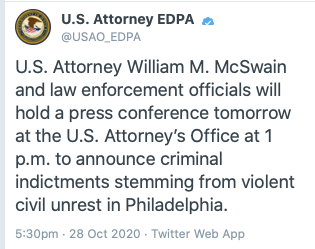 One of the most political U.S. Attorneys in the county is holding a press conference five days before Election Day to announce indictments related to unrest in Philadelphia, a frequent target of the Trump administration in a critical swing state.