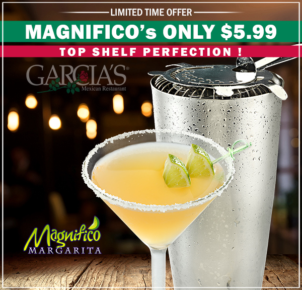GarciasMexican's tweet photo. What the...Magnificos Only $5.99 !
Offer ending soon so come and get 'em !
 - Sauza Conmemorativo Tequila, Cointreau Orange Liqueur,     Grand Marnier and lime juice; shaken &amp; served up !
 
- Not available at Carmichael, CA location.
- Drink responsibly.
#FreshTradition https://t.co/fdtjjMUIGg