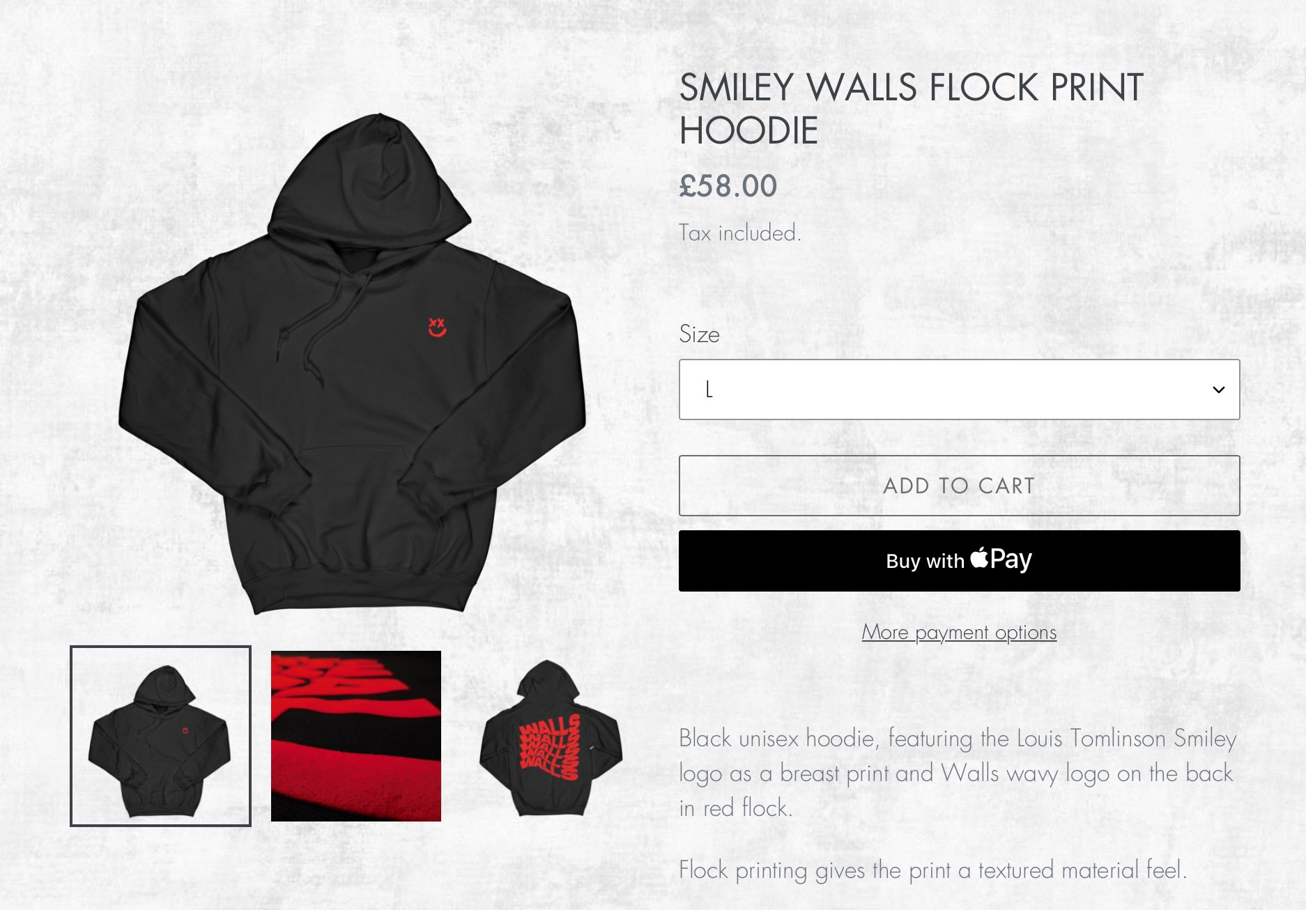 Louis Tomlinson News on X: All sizes of the Smiley Walls Flock Print Hoodie  have been restocked! Buy here: https://t.co/ZnyWFjtp9t  https://t.co/ZO1RzlHQoE / X