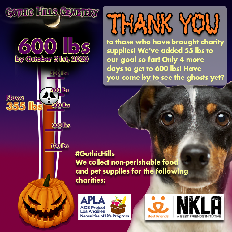 GothicHills's tweet photo. We've reached 335lbs of food and supplies donated for our charities! Can you help us reach our goal in the next 4 days? #Charity #Halloween2020 #halloween #GothicHIlls #Haunt #CalHauntS 🎃Thanks to those who have donated already! https://t.co/p1vy848Mwq