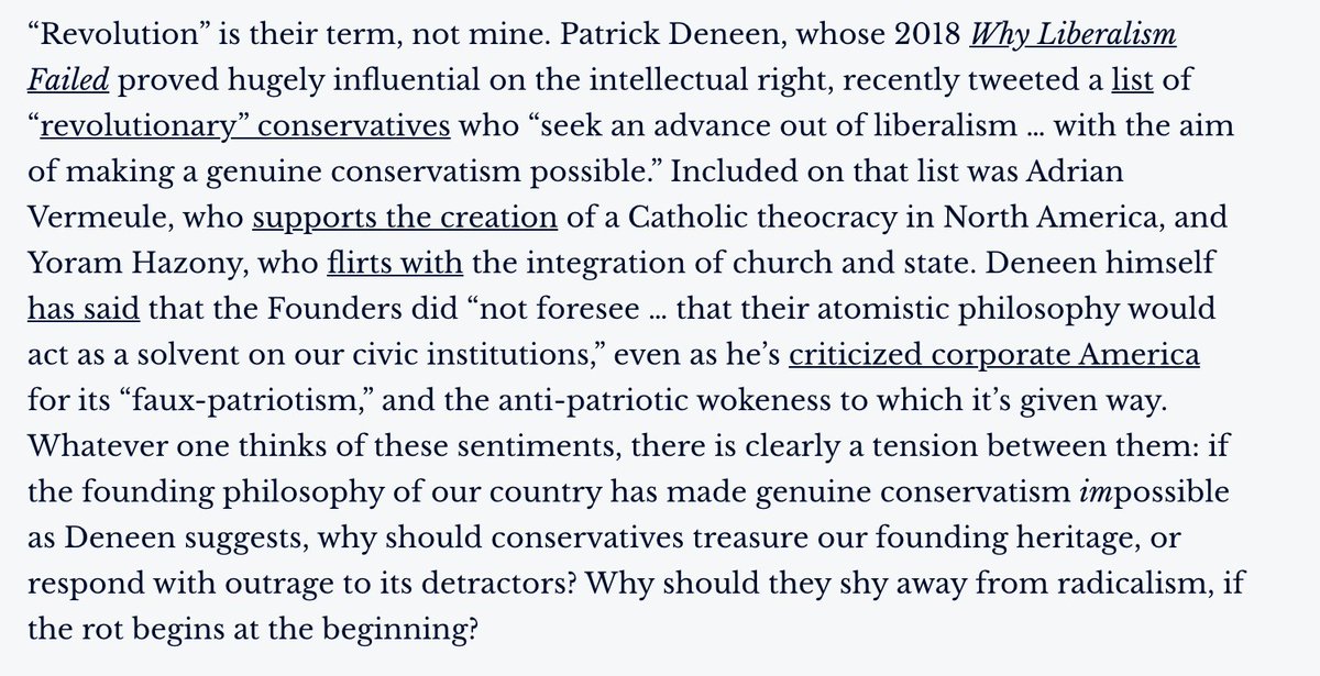 You see the second risk in the way that some postliberals have embraced a Weimar-esque vocabulary of revolution.  @PatrickDeneen, for example, recently tweeted a list of "revolutionary" conservatives (e.g.  @yhazony) who "seek an advance out of liberalism."  https://twitter.com/PatrickDeneen/status/1284902502161190913