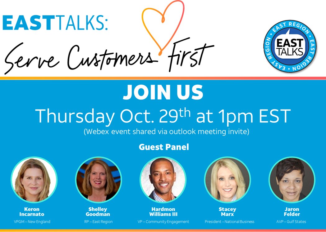 East Region! Join us tomorrow, Thursday 10/29 at 1pm EST for our first #EastTalks event moderated by VPGM Keron Incarnato and East Region's very own Shelley Goodman, along with a tremendous panel of guest leaders. See you there! <a href="/keroninc/">Keron Incarnato</a> <a href="/_Shelley_G/">Shelley Goodman</a> #ServeCustomersFirst