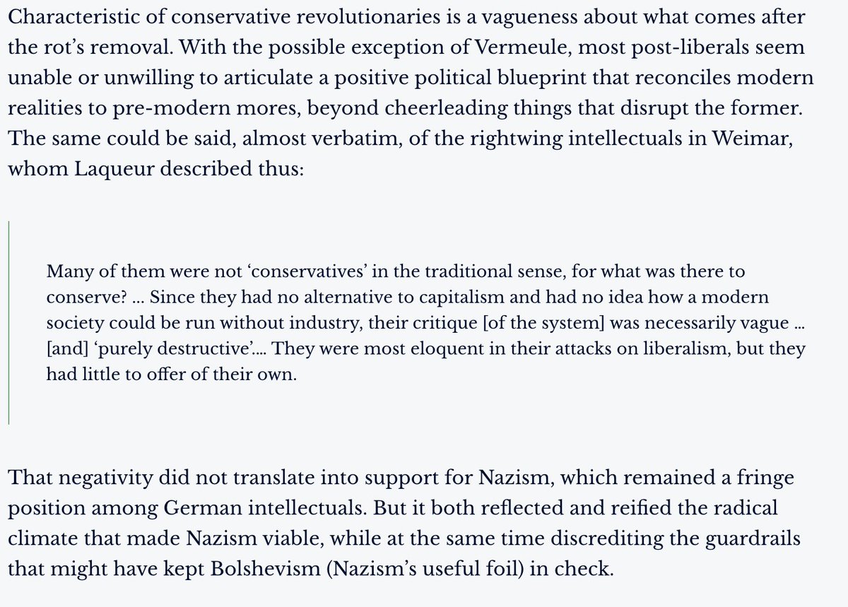Our own conservative revolutionaries, like Weimar& #39;s, tend to be very vague about what that "advance" should look like. They& #39;re very good at critiquing liberalism (indeed, I agree with several of their critiques), but don& #39;t have much to offer in the way of a positive project.