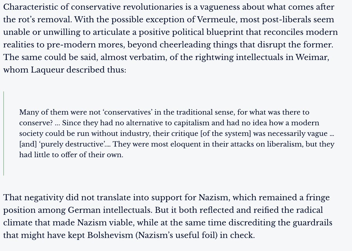 Our own conservative revolutionaries, like Weimar's, tend to be very vague about what that "advance" should look like. They're very good at critiquing liberalism (indeed, I agree with several of their critiques), but don't have much to offer in the way of a positive project.