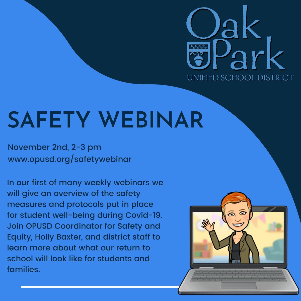 Please join us for our first safety protocols webinar with our host, Holly Baxter, as she shares with our families the measures and protocols currently being put into place as we prepare to return to campus January 5th. <a href="/RedOakPFA/">Red Oak PFA</a> <a href="/oakparkusd/">Oak Park USD</a> #opshares
