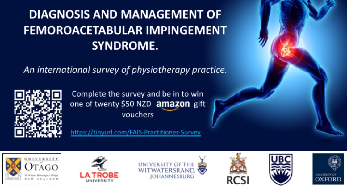 While u r at it, if u r a PT that treats patients with hip/groin pain tell us how you diagnose &amp; manage patients with Femoroacetabular Impingement Syndrome (FAIS) by completing this 15 min survey – and be in to win an amazon voucher. tinyurl.com/FAIS-Practitio…