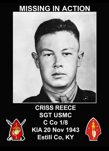 History_Flight's tweet photo. *MISSING IN ACTION*
SGT Criss Reece, Estill County, Kentucky

#HistoryFlight is tirelessly searching for SGT Criss Reece putting every effort into his recovery and bringing him home.  

#NotForgotten #MIA #WWII #USMC #FindingTheFallen https://t.co/KkCE3CRHFf