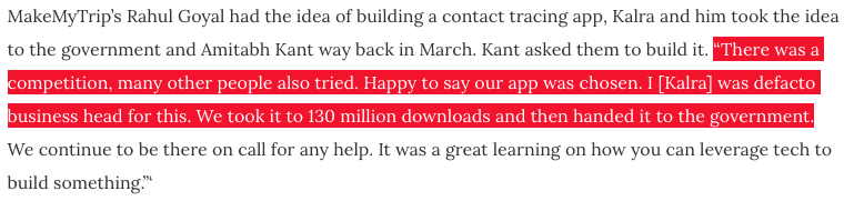 He even said there was competition for building Aarogya Setu, and they won. AND, they took it to 130M downloads and handed it to the government.  https://www.medianama.com/2020/10/223-deep-kalra-competition-monopoly/He said it on MMT's June earnings call too.  https://www.medianama.com/2020/06/223-makemytrip-aarogya-setu/(6/n)