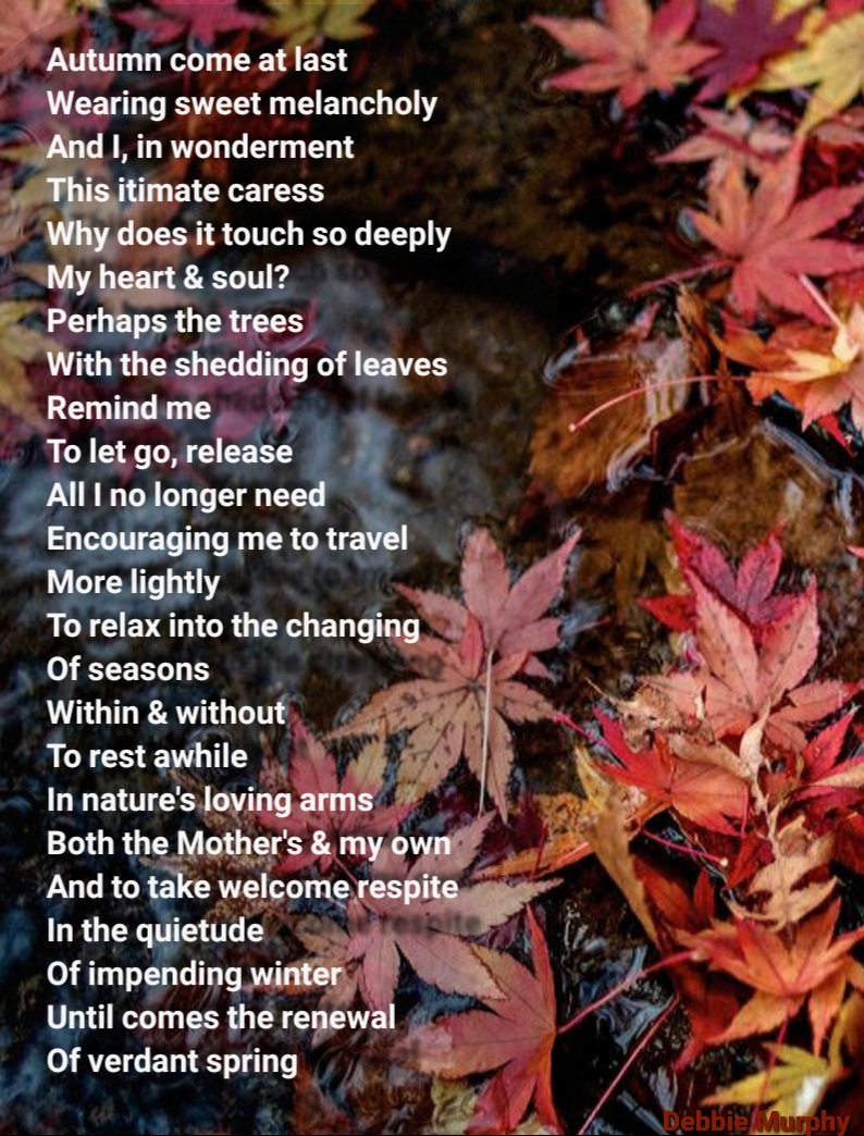 DharmaDeb's tweet photo. Autumn come at last
Wearing sweet melancholy
And I, in wonderment
This itimate caress
Why does it touch so deeply
My heart &amp; soul?
Perhaps the trees
With the shedding of leaves
Remind me
To let go, release
All I no longer need...

Continued in picture... https://t.co/wY841FyQxH