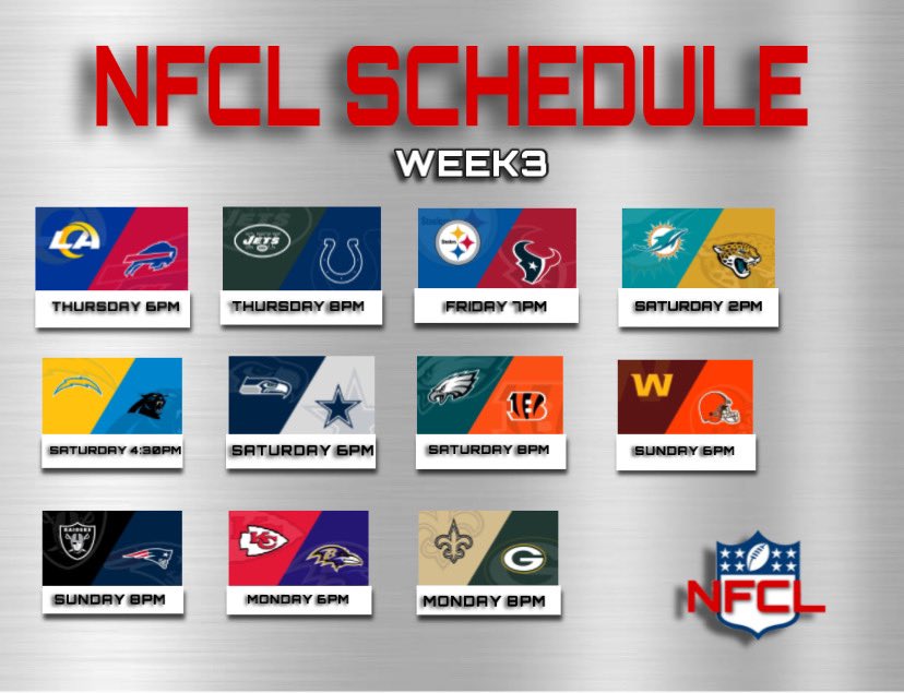 custom_league's tweet photo. This is the Schedule for this week! This week will be a big week for a lot player and because of their debut will be this week #relocationfootballleague #nationalfootballcustomleague #NFCL #madden21 #madden20 #simsports #maddennfl https://t.co/dfOSIdBSF1