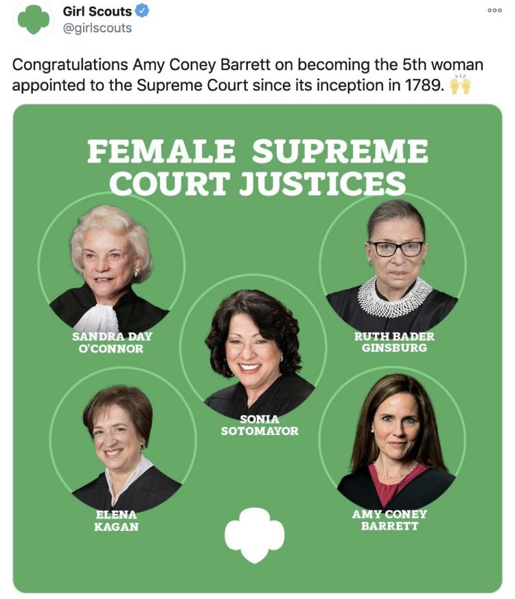 RealShawnMacG's tweet photo. @girlscouts Here let me help you highlight the success of five women and their achievement in relation to our Supreme Court. In case you forgot, a court is apolitical, or at least it's supposed to be as #JusticeACB so pointedly stated in her confirmation hearing! https://t.co/4ipZJYjomw
