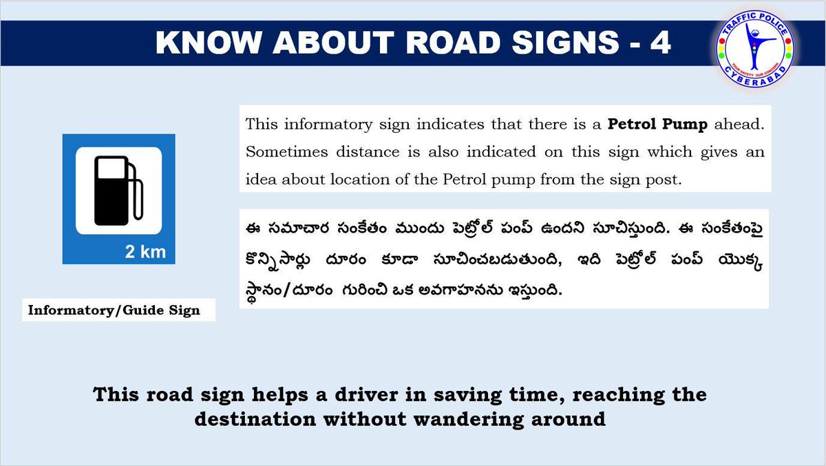CYBTRAFFIC's tweet photo. Know about #Roadsigns - 4
This is an Informatory/Guidance Sign used to provide information to road users about the Amenities available with distance.
#RoadsafetyCyberabad 
#Roadsafety 
#roadsignrecognition https://t.co/hNSvhLaJA9